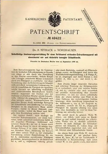 Original Patentschrift - Dr. R. Nithack in Nordhausen , 1888 , Extractionsapparat - Umsteuerung !!!