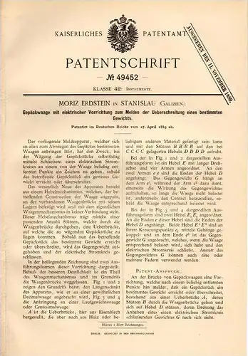 Original Patentschrift - M. Erdstein in Stanislau , Galizien , 1889 , elektrische Gepäckwaage , Waage !!!