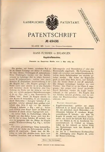 Original Patentschrift - H. Fussner in Erlangen , 1889 , Kugelkraftmaschine !!!