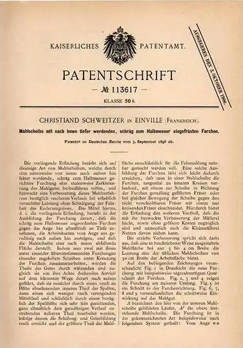 Original Patentschrift - Ch. Schweitzer in Einville , 1896 , Mahlscheibe mit Furchen , Mühle , Mahlen !!!