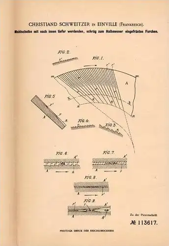 Original Patentschrift - Ch. Schweitzer in Einville , 1896 , Mahlscheibe mit Furchen , Mühle , Mahlen !!!