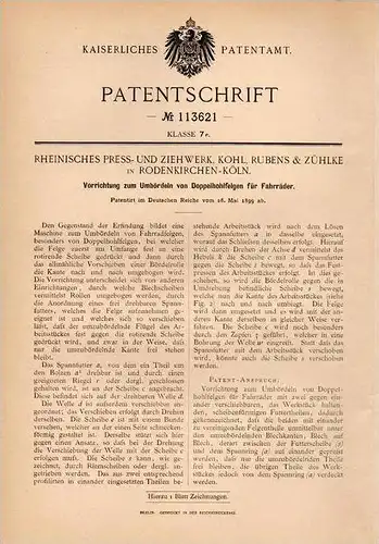 Original Patentschrift - Rheinisches Presswerk in Rodenkirchen - Köln , 1899 , Apparat zum Bördel von Fahrrad - Felgen !