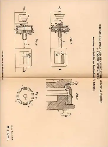 Original Patentschrift - Rheinisches Presswerk in Rodenkirchen - Köln , 1899 , Apparat zum Bördel von Fahrrad - Felgen !