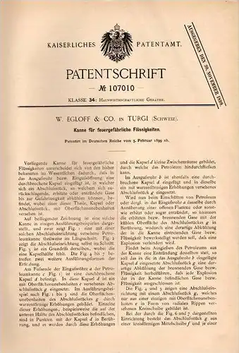 Original Patentschrift - W. Egloff & Co. in Turgi , 1899 , Kanister , Benzinkanister , Kanne für brennbare Flüssigkeiten