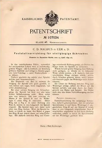 Original Patentschrift - C.D. Magirus in Ulm a.D., 1899 , Feststellvorrichtung für Schrauben !!!