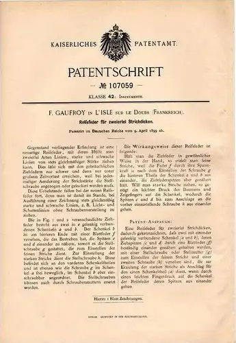 Original Patentschrift - F. Gaufroy in L´Isle sur le Doubs , 1899 , Reißfeder für zwei Strcidicken , Architektur !!!