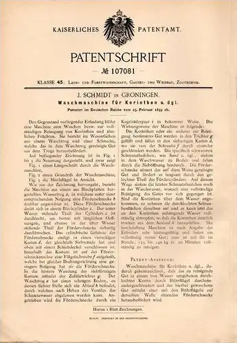 Original Patentschrift - J. Schmidt in Groningen , 1899 , Waschmaschine für Korinthen und Früchte !!!