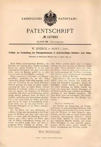 Original Patentschrift - W. Lindeck in Horn i. Lippe , Bad Meinberg , 1899 , Trichter für Flüssigkeitsstand !!!