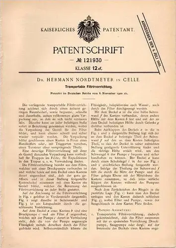 Original Patentschrift - Dr. H. Nordtmeyer in Celle , 1900 , tranportable Filtriervorrichtung , Filter !!!