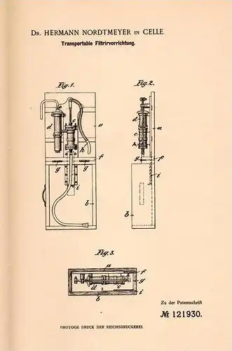 Original Patentschrift - Dr. H. Nordtmeyer in Celle , 1900 , tranportable Filtriervorrichtung , Filter !!!