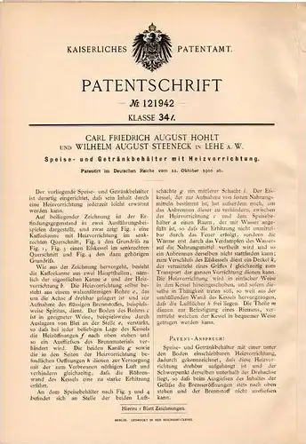 Original Patentschrift - C. Hohlt und W. Steeneck in Lehe a.W. , 1900 , Speisebehälter mit Heizung !!!