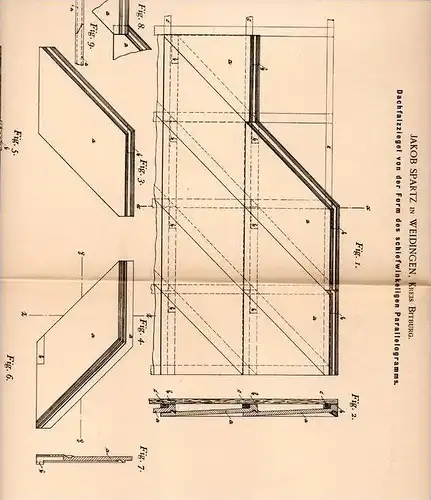 Original Patentschrift - J. Spartz in Weidingen , Kr. Bitburg , 1899 , Dachfalzziegel , Dachziegel , Dachdecker , Dach !