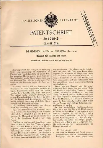Original Patentschrift - D. Landi in Brescia , 1900 , Mechanik für Piano und Flügel , Klavier , Pianoforte !!!