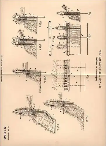 Original Patentschrift - W. Baudisch in Linz a.D., 1899 , Uferbefestigung , Ufer , Fluss , Teich , See , Meer !!!