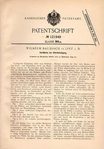Original Patentschrift - W. Baudisch in Linz a.D., 1899 , Uferbefestigung , Ufer , Fluss , Teich , See , Meer !!!