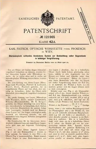 Original Patentschrift - Optische Werkstatt , K. Fritsch in Wien , 1900 , Binokulares System , Stereoskop !!!