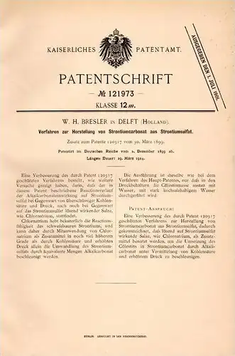 Original Patentschrift - W.H. Bresler in Delft , 1899 , Herstellung von Strontiumcarbonat , Strontium , Chemie !