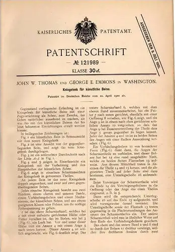 Original Patentschrift - Künstliches Kniegelenk , Knieprothese , 1900 , G. Emmoons in Washington , Knie , Arthrose !!!