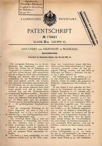 Original Patentschrift - Alexander von Nikiforoff in Warschau , 1905 Quecksilberrelais , Quecksilber , Telephon !!!