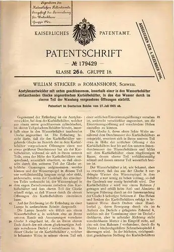 Original Patentschrift - W. Stricker in Romanshorn , Schweiz , 1905 , Acetylenentwickler !!!