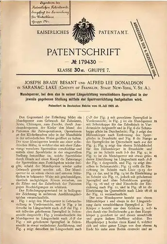 Original Patentschrift - Mundsperrer für Zahnarzt , 1905 , J. Besant in Saranac Lake , USA , Kieferchirurg , Zähne !!!