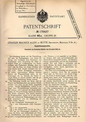 Original Patentschrift - Ch. Allen in Butte , Silverbow , Montana , 1905 , Kupfer - Bessemerofen !!!