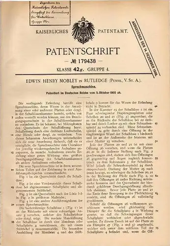 Original Patentschrift - E. Mobley in Rutledge , Penns., USA , 1905 , Sprechmaschine !!!