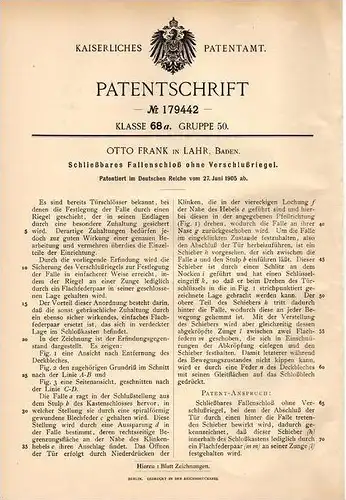 Original Patentschrift - O. Frank in Lahr , Baden , 1905 , Fallenschloß ohne Riegel , Türschloss !!!