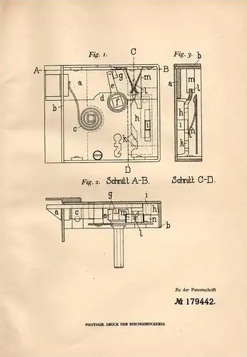 Original Patentschrift - O. Frank in Lahr , Baden , 1905 , Fallenschloß ohne Riegel , Türschloss !!!