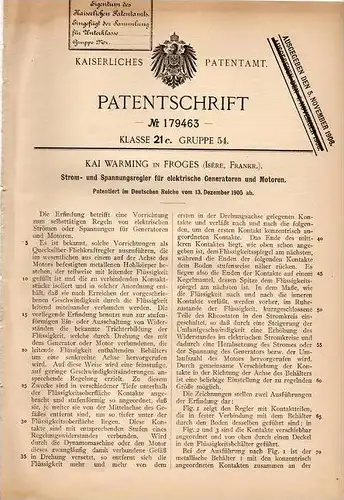 Original Patentschrift - K. Warming in Froges , Isere , 1905 , Regler für Generator und Motor !!!