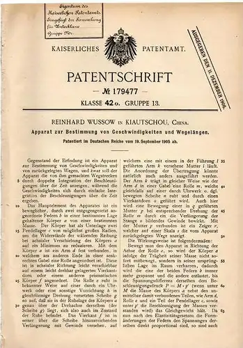 Original Patentschrift - R. Wussow in Kiautschou in China ,1905, Apparat zur Geschwindigkeit - und Wegbestimmung , Chine
