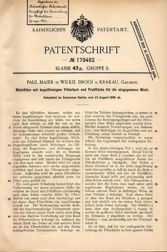 Original Patentschrift - P. Maier in Wilkie Drogi b. Krakau , 1905 , Milchfilter für Milch , Molkerei !!!