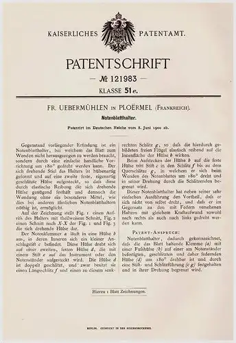 Original Patentschrift - Fr. Uebermühlen in Ploërmel , 1900 , Notenblatt - Halter , Musik , Noten !!!