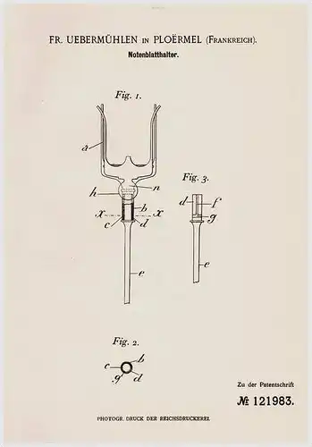 Original Patentschrift - Fr. Uebermühlen in Ploërmel , 1900 , Notenblatt - Halter , Musik , Noten !!!