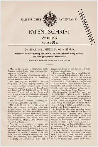 Original Patentschrift - Dr. Brat in Rummelsburg b. Berlin , 1900 , Nahrung , Wandlung v. Leim in Nährmittel !!!