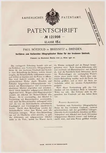 Original Patentschrift - P. Nötzold in Briesnitz b. Dresden , 1900 , Lithographie , lithographische Steine !!!