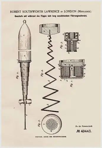 Original Patentschrift - Rocket , Torpedo , 1889 , R. Lawrence in London !!!