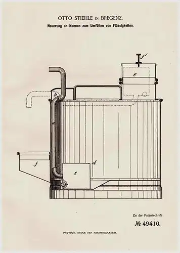 Original Patentschrift - Otto Stiehle in Bregenz , 1889 , Kannen für Flüssigkeiten !!!