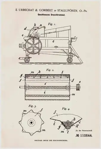 Original Patentschrift - Urbschat & Gombert in Stallupönen , Ostpreussen , 1898 , Dreschtrommel , Landwirtschaft !!!