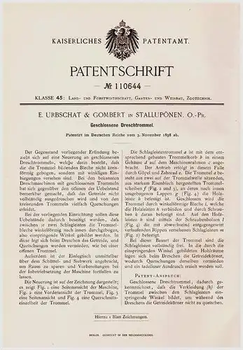 Original Patentschrift - Urbschat & Gombert in Stallupönen , Ostpreussen , 1898 , Dreschtrommel , Landwirtschaft !!!