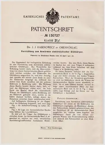 Original Patentschrift - Dr. J. Rabinowicz in Oberröslau , Röslau , 1901 , Heizer für elektrolytische Glühkörper !!!