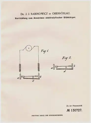 Original Patentschrift - Dr. J. Rabinowicz in Oberröslau , Röslau , 1901 , Heizer für elektrolytische Glühkörper !!!