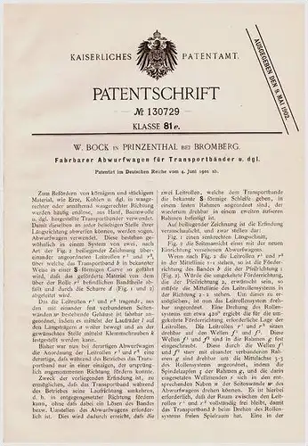 Original Patentschrift - W. Bock in Prinzenthal b. Bromberg , 1901 , Abwurfwagen für Transportbänder , Erz , Kohle !!!