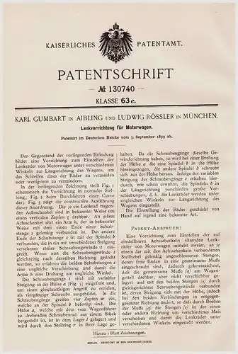 Original Patentschrift - K. Gumbart in Aibling , 1899 , Lenkung für Motorwagen , Automobile !!!