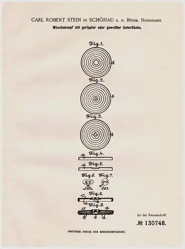 Original Patentschrift - C. Stein in Schönau a.d. Böhm. Nordbahn , 1901 , Wäscheknopf , Knopf , Knöpfe !!!