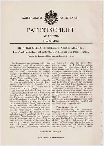 Original Patentschrift - H. Sieling in Hüllen b. Gelsenkirchen , 1901 , Dampfkochapparat  !!!