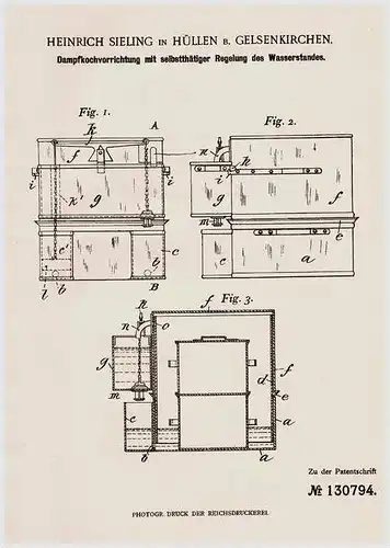 Original Patentschrift - H. Sieling in Hüllen b. Gelsenkirchen , 1901 , Dampfkochapparat  !!!