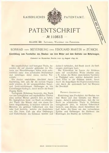 Original Patentschrift - Konrad von Meyenburg in Zürich , 1899 , Staubverhinderung an Motorwagen , Automobile !!!