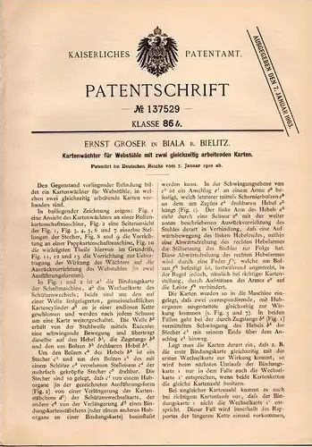 Original Patentschrift - E. Groser in Biala b. Bielitz , 1902 , Kartenwächter für Webstuhl , Weberei !!!