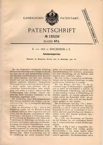 Original Patentschrift - E. von Jan in Kirchheim u. Teck , 1901 , Schubkurbelgetriebe , Getriebe !!!